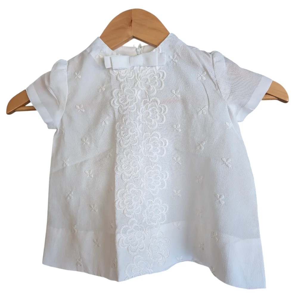 60s Vintage White Floral Embroidered‎ Silky Toddler Girl Dress MCM Mod